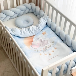 Set lenjerie pentru Patut Bebe din 6 piese Elefant albastru
